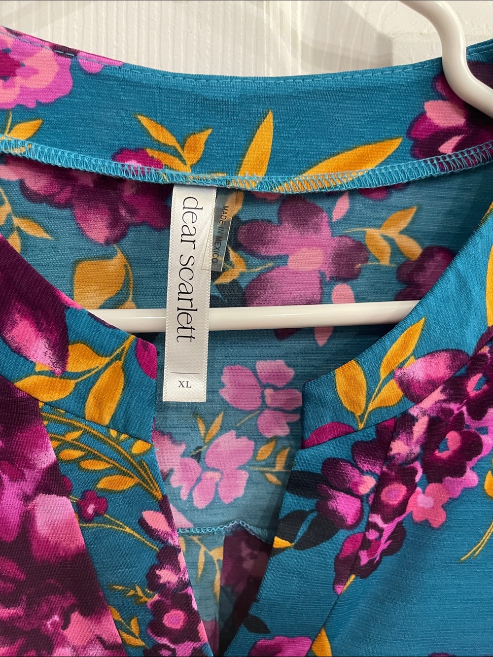 Scarlett Teal Floral Split-Neck Tunic with Magenta Blooms and Mustard Leaves - Picture 2 of 7